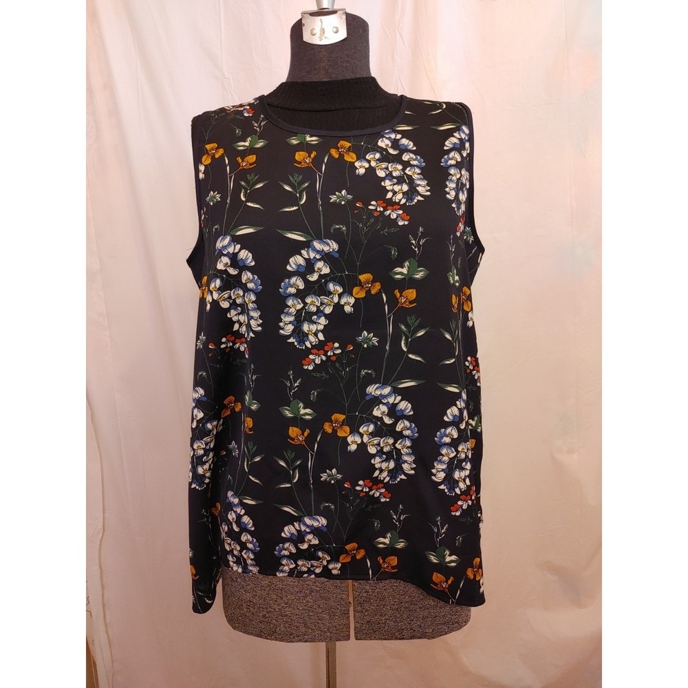 Mario Serrani Black Floral Tank Top Sleeveless Blouse Top‎ Bohemian Shirt Size L